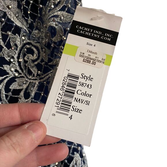 Cachet Navy Blue Rhinestone Beaded Embroidered Long Formal Dress Gown Prom sz 4 - Picture 12 of 13